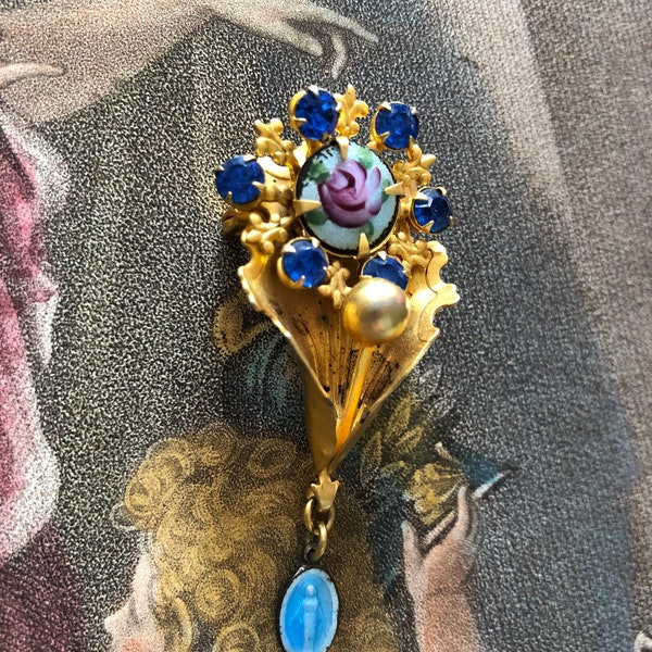 Pretty Vintage Religious Brooch Fleur de Lis French Lily Guilloche Rose Cab Blue Enamel Sterling Medal