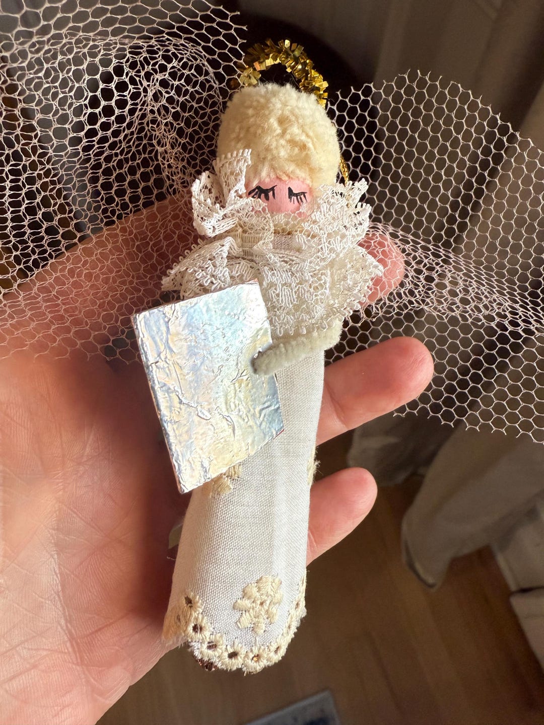 Vintage Christmas Ornament Angel Lace Hankerchief Dress Net Wings Super ...