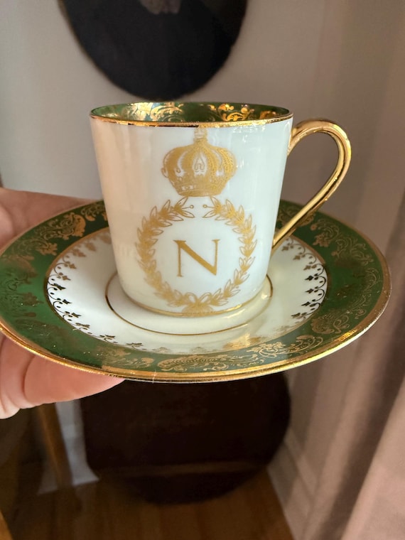 SALE Antique Limoges Napoleonic Demitasse Cup & Saucer Napoleonic Crown  Crest France Gilded Decor Napoleon French Cup