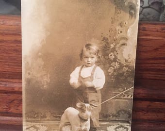 Adorable Sepia Antique Photo Rppc Real Photo Postcard Sweet Boy Cute Dog