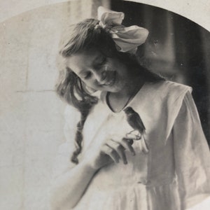 Adorable Antique RPPC Photo Real Photo Postcard Sweet Long Haired Beauty Gertrude Holding A Tiny Bird