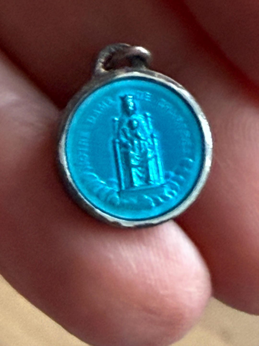 Vintage French Aqua Blue Enamel Medal Charm Notre Dame Chartres Double ...