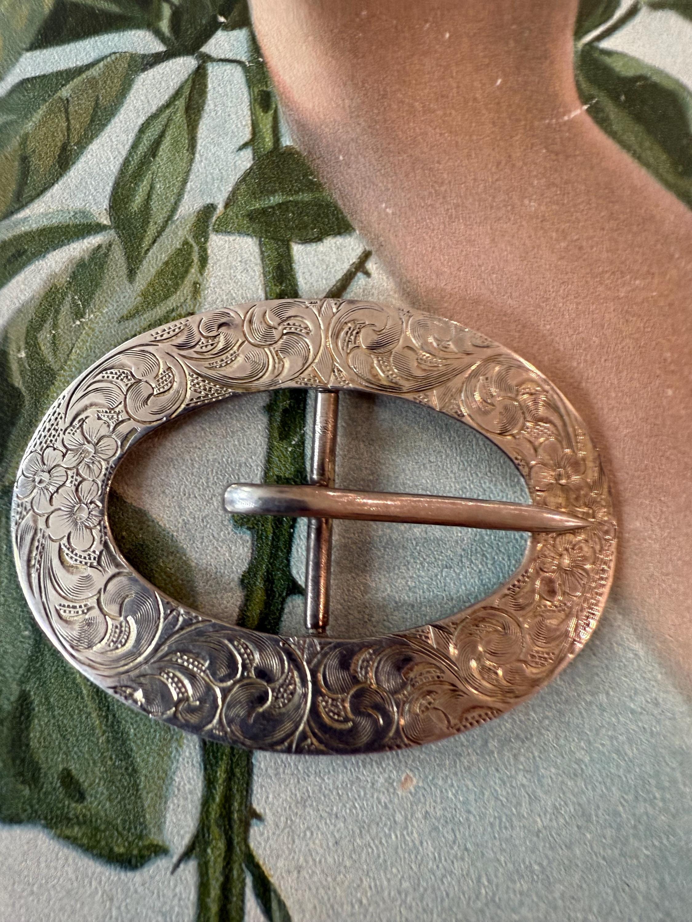 Antique Victorian Gilted Sterling Chased Sash Buckle Large Antique Victorian Sterling Sash Buckle, Hand Engraved  main image 3