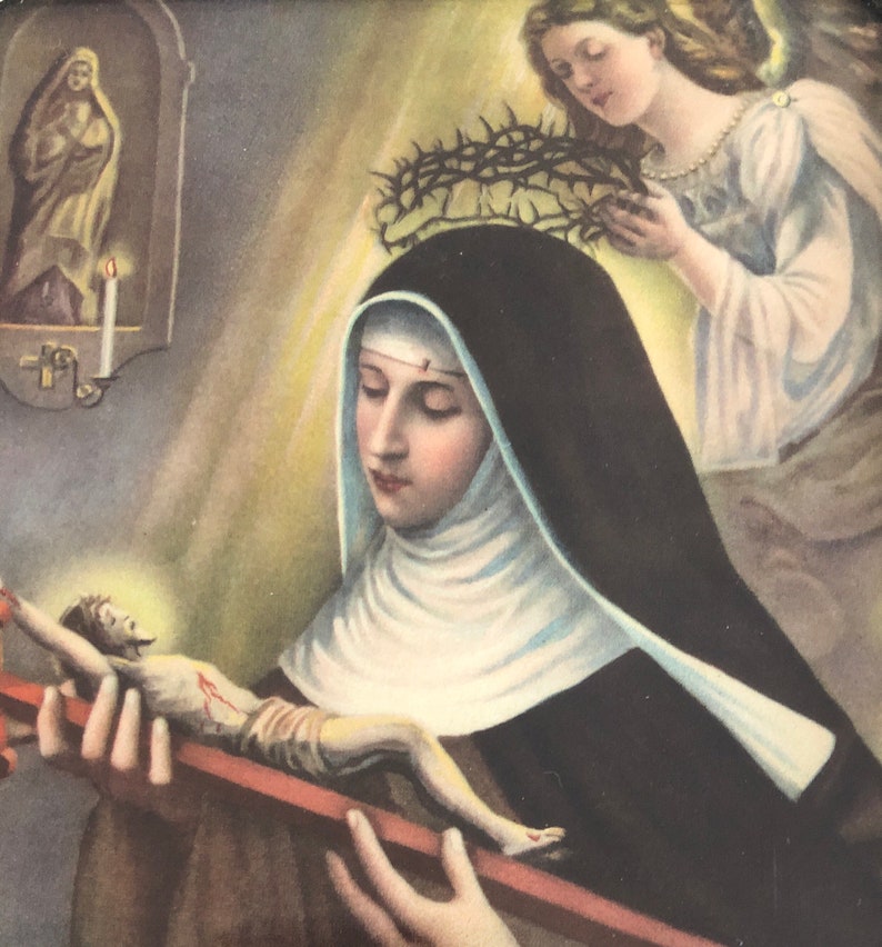 Pretty Antique Early 1900\u2019s Litho Print Saint Nun Thorn Crown Blood Tears Angel Framed Glass