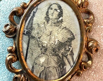 Antique French Pendant Religious Saint Joan of Arc Print Gilded Metal Vintage Jewelry Religious Jewelry