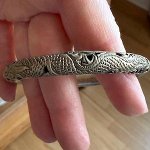 Vintage Bangle With Dragon Decoration Push Button Clasp Silver Metal Chinese Jewelry