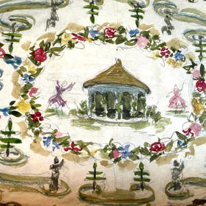 Vintage Watercolor Rendering French Chinoiserie Garden For Folk Art Rug Signed George Wells Original Art