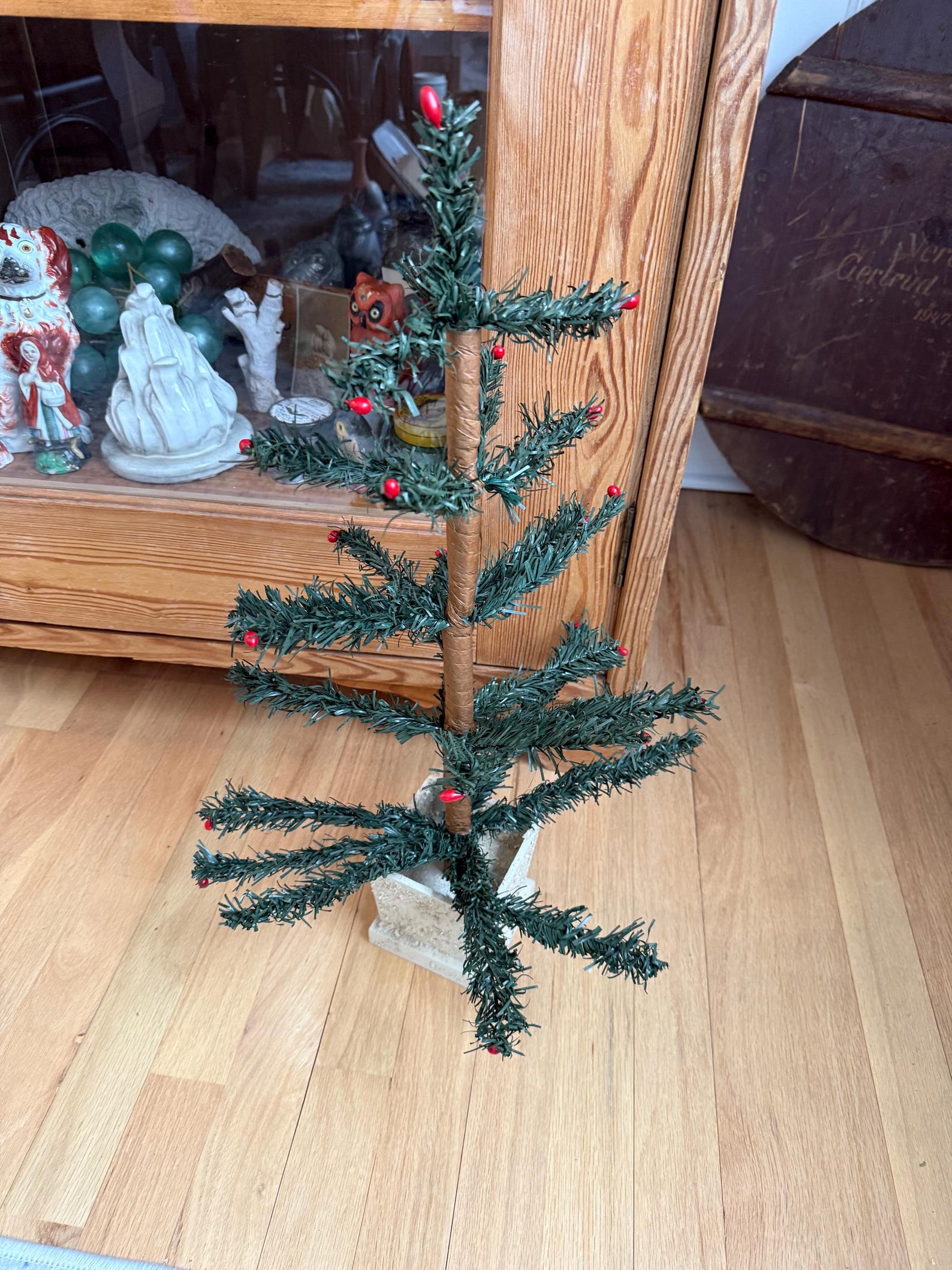 SALE Vintage Goose Feather Tree Red Berries White Base 2 Ft Nice Size For Vintage Christmas Feather Tree