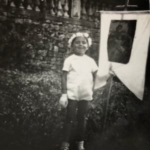 Vintage Photo Super Adorable French Little Girl Holding Religious Banner
