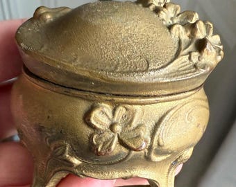 Antique Trinket Box Floral Decor Small Metal Jewelry Box Tattered Pink Silk Lining