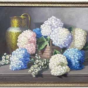 May include: A still life painting of a brass pitcher and a basket of hydrangeas. The hydrangeas are in shades of blue, white, and pink. The painting is framed in a gold frame.