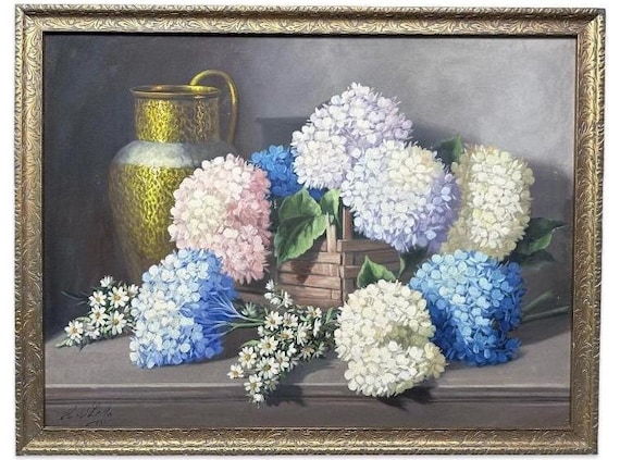 SALE  Vintage Oil Painting MCM Painting of Hydrangeas Flowers Floral Decor Framed Signed & Dated 1959 Stunning Large Painting