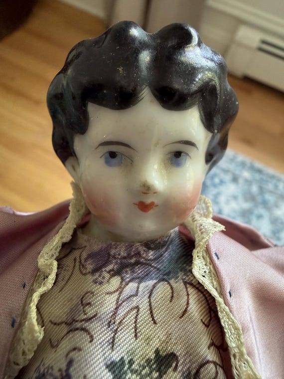 Antique China Head Doll Porcelain Charming Clothing in Lavender Color Shoulder Plate Damage Repair