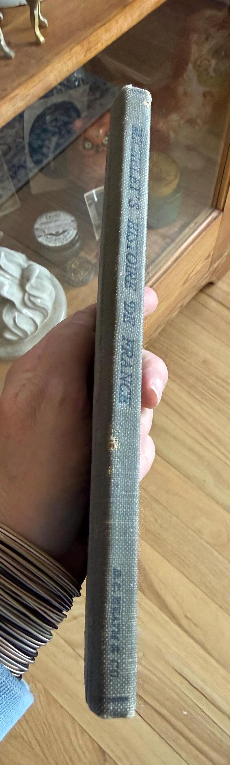 Puede incluir: Lomo de libro vintage, con el t&iacute;tulo "LET'S ABODE DE FRANCE" en letras azules descoloridas. El libro tiene una cubierta gris texturizada y muestra signos de edad, con ligero desgaste.