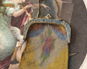 SALE Vintage Purse Fabulous Antique Art Deco French Steel Cut Mesh Purse Multi Pastels Blue Enamel Frame Wedding Bridal Cocktail Party