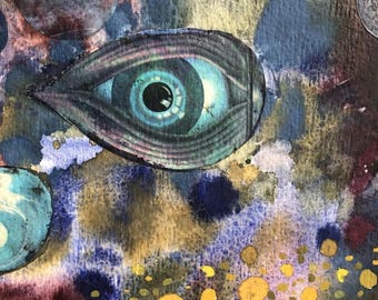 Pintura abstracta vintage de MCM, gran acuarela llamada "Cosmic Egg Fantasy", artista Priscilla Gene W Shaffer, Filadelfia, 22 x 17 sobre papel