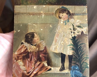 Charming Antique Oil Painting Board Sweet Little Girls