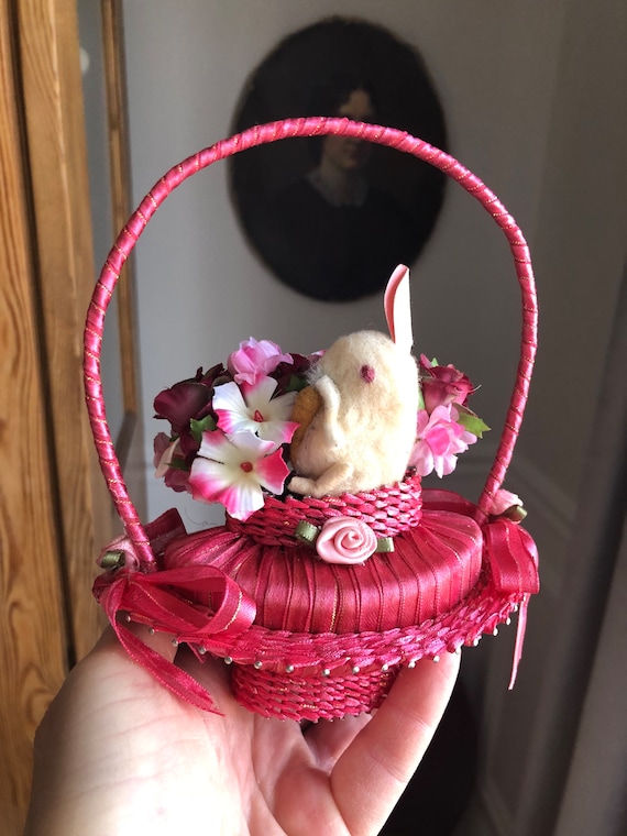 Vintage Adorable Cotton Batting Rabbit With Carrot Handmade Basket Easter Decor