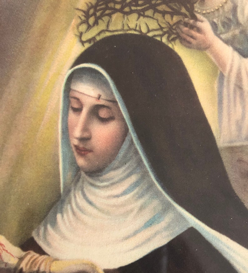 Pretty Antique Early 1900\u2019s Litho Print Saint Nun Thorn Crown Blood Tears Angel Framed Glass