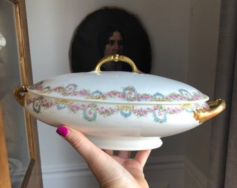 Antique Limoges Oval Covered Casserole Lid Lux Gilt Handles Tiny Rose Swags Forget Me Nots Made for Strawbridge & Clothier