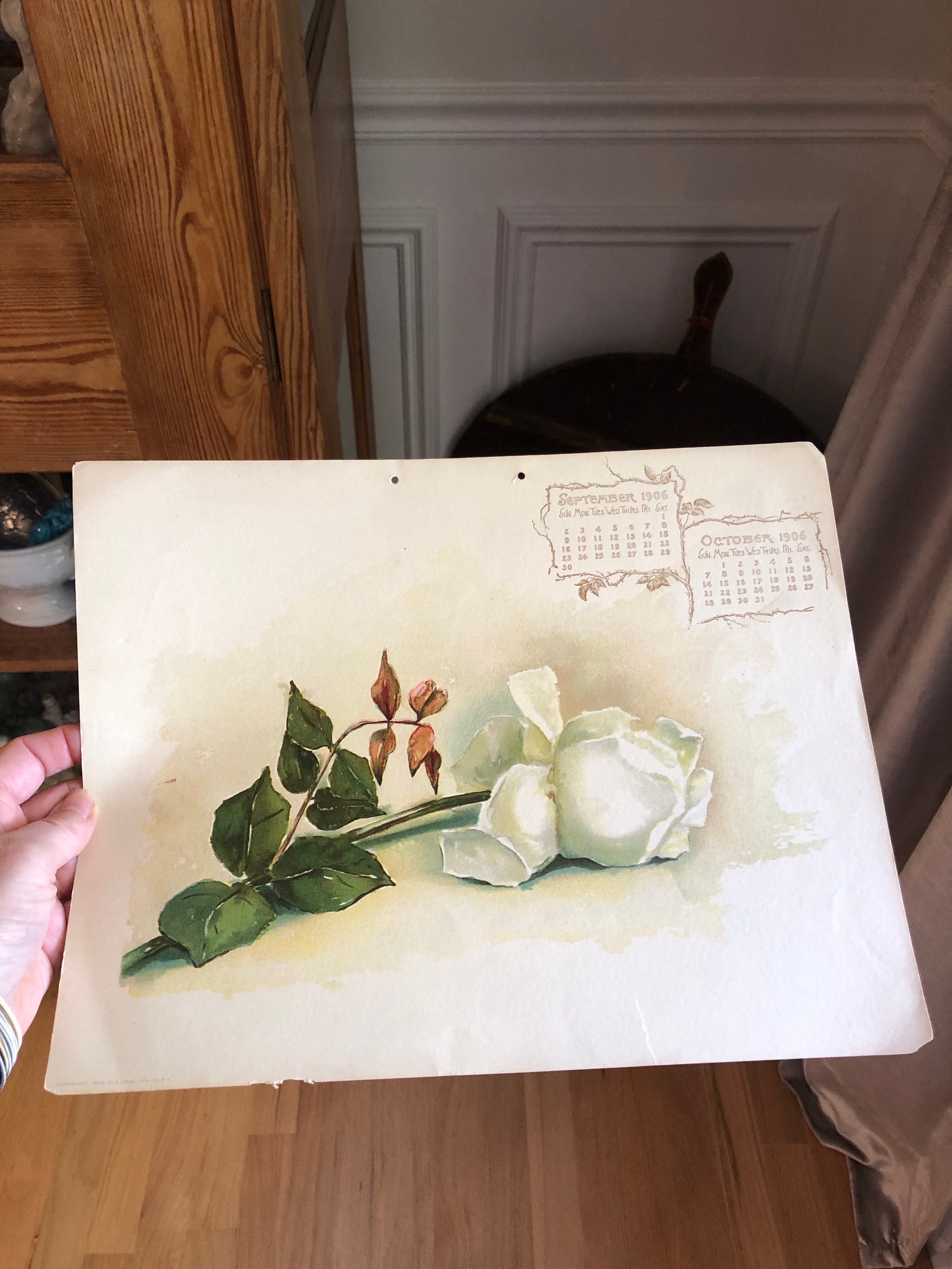 Antique 1908 Calendar Pages Stunning Roses Lithography Prints Birthday ...