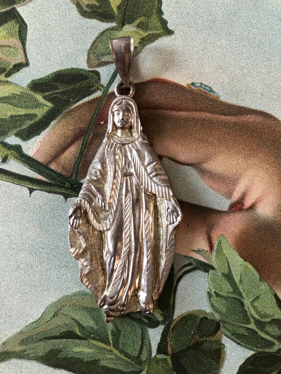 Large Vintage Madonna Virgin Mary Pendant Sterling