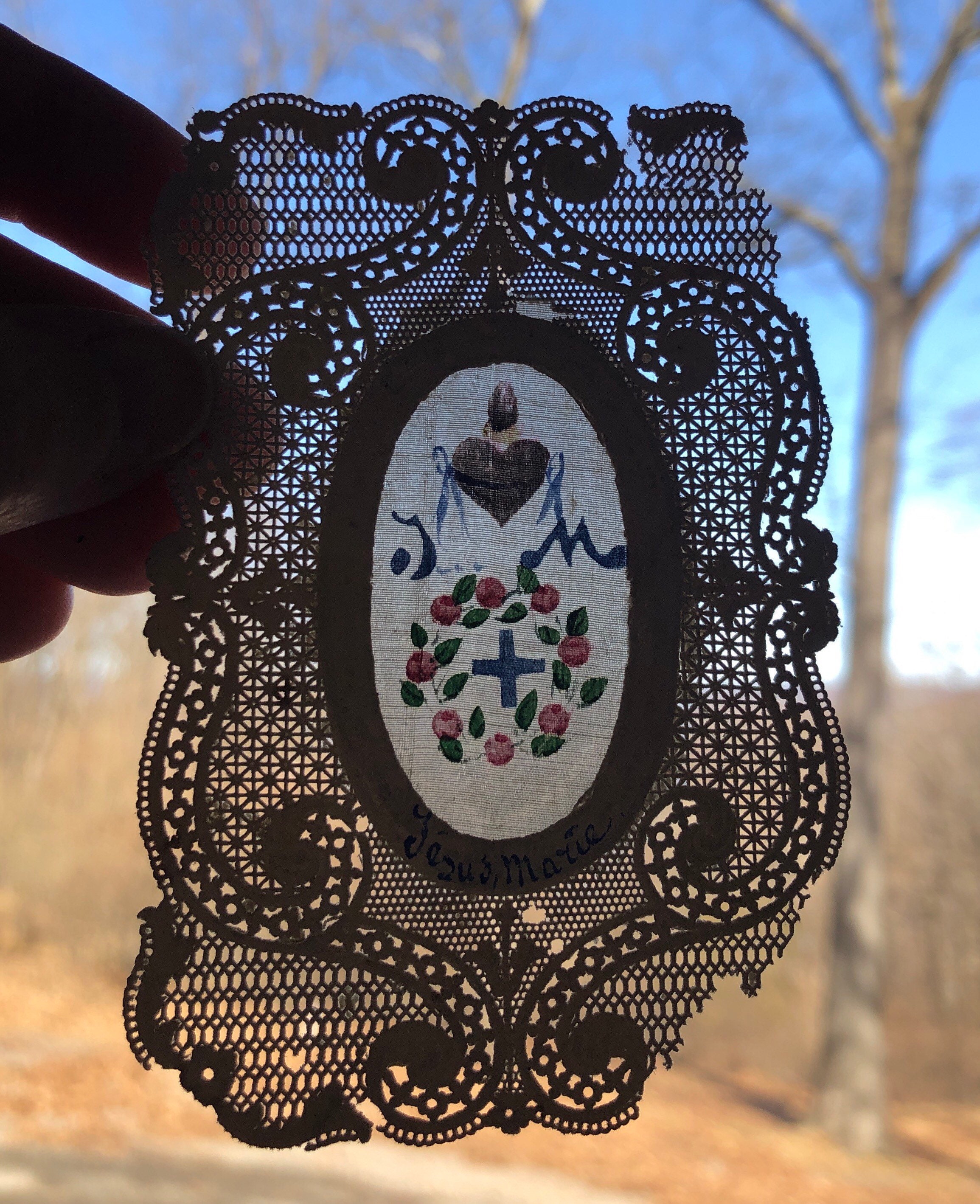 Antique French Religious Holy Card Marie Jesus Lace Fabric Sacred Heart ...