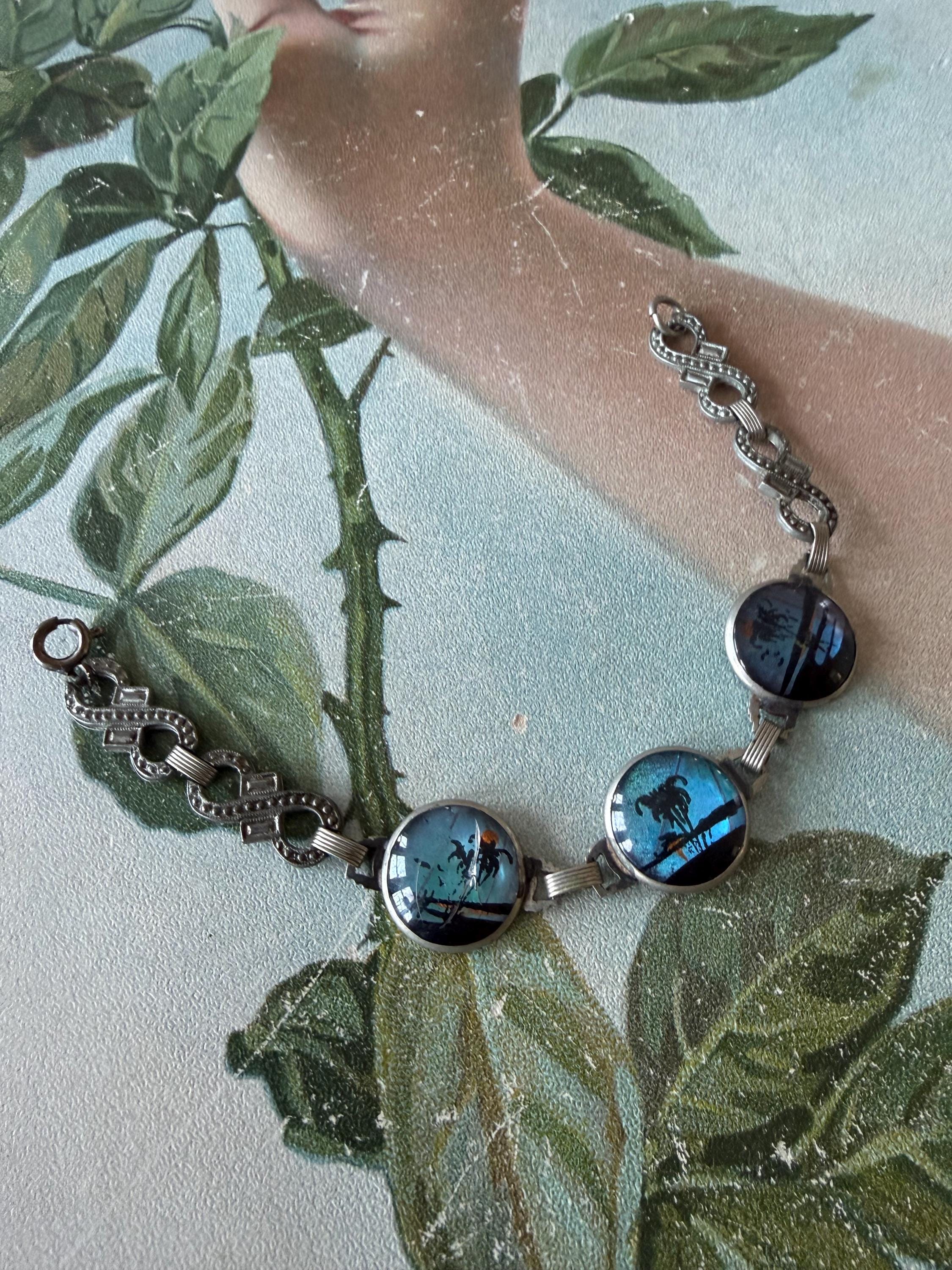 Antique Art Deco Bracelet Real Butterfly Wing Jewelry Silver Tone ...