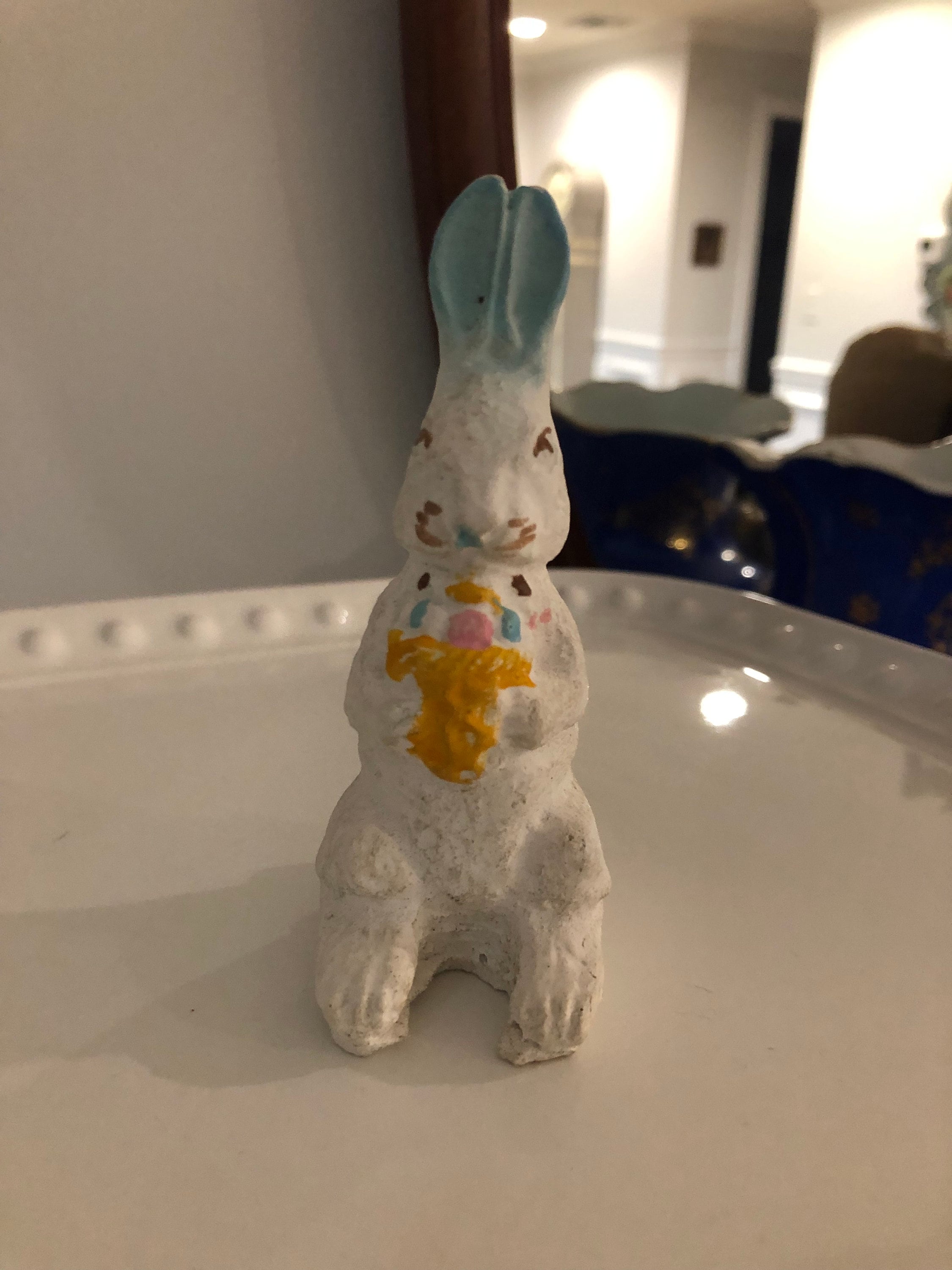 Adorable Mini Vintage Chalk Ware Bunny Rabbit Holding Basket