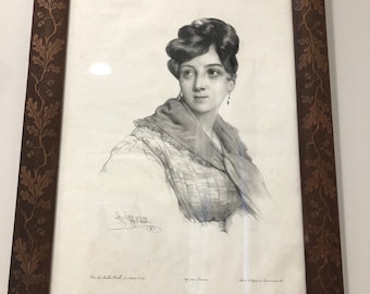 Antique French Art Etching Original French Women Stunning Carved Antique Frame