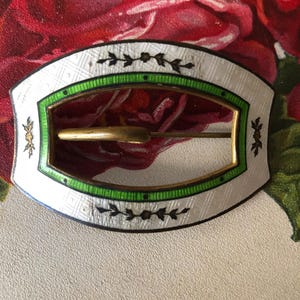 SUMMER SALE Antique Victorian Enamel Guilloche Gilt Belt Buckle Brooch C Clasp
