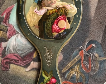 Original Antique Victorian Die Cut Victorian Scrap Figural Hand Mirror Adorable Crafting Scrapbooking Lithograph Print