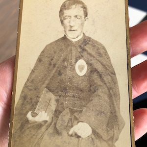 Antique French CDV Carte de Viste Photo Priest Bible Sacred Heart Badge