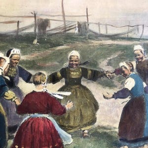 May include: An antique painting depicts a group of women in traditional attire dancing in a circle. The women wear bonnets and long skirts in shades of red, blue, and green. The background shows a field and a fence.