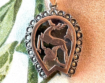 Antique Victorian Deer Pendant 900 Silver 9k Rose Gold Plate Silhouette Marcasite Jewelry Vintage Jewelry