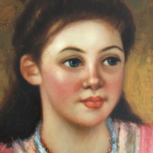 May include: Oil painting portrait of a young person with blue eyes, rosy cheeks, and red lips. The subject has dark brown hair and is wearing a pink and white striped garment with a lace collar. The background is a warm, golden hue.