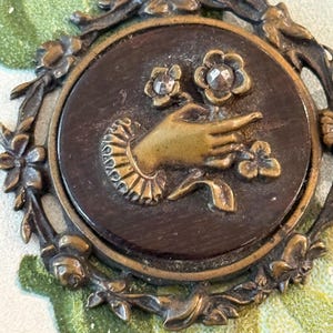 SALE Fab Antique Victorian Cloak Clasp Coat Clasp Figural Hand Holding Tiny Flowers Metal Destash Repurpose Theatre Costume Ornate Bezel
