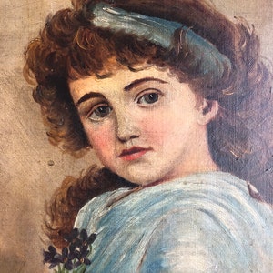 MOVING SALE .. Antique Oil Painting Portrait Dated 1879 & Signed Darling Girl Violets At Nape