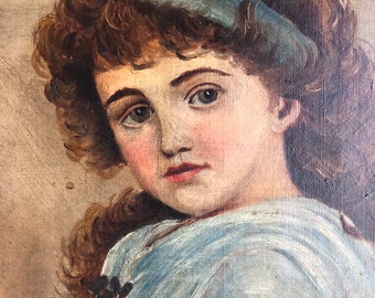 MOVING SALE .. Antique Oil Painting Portrait Dated 1879 & Signed Darling Girl Violets At Nape