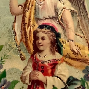 Stunning Early Antique Holy Card Prayer Card Enchanting Guardian Angel Sweet Child Violet Decor Original Not Copy