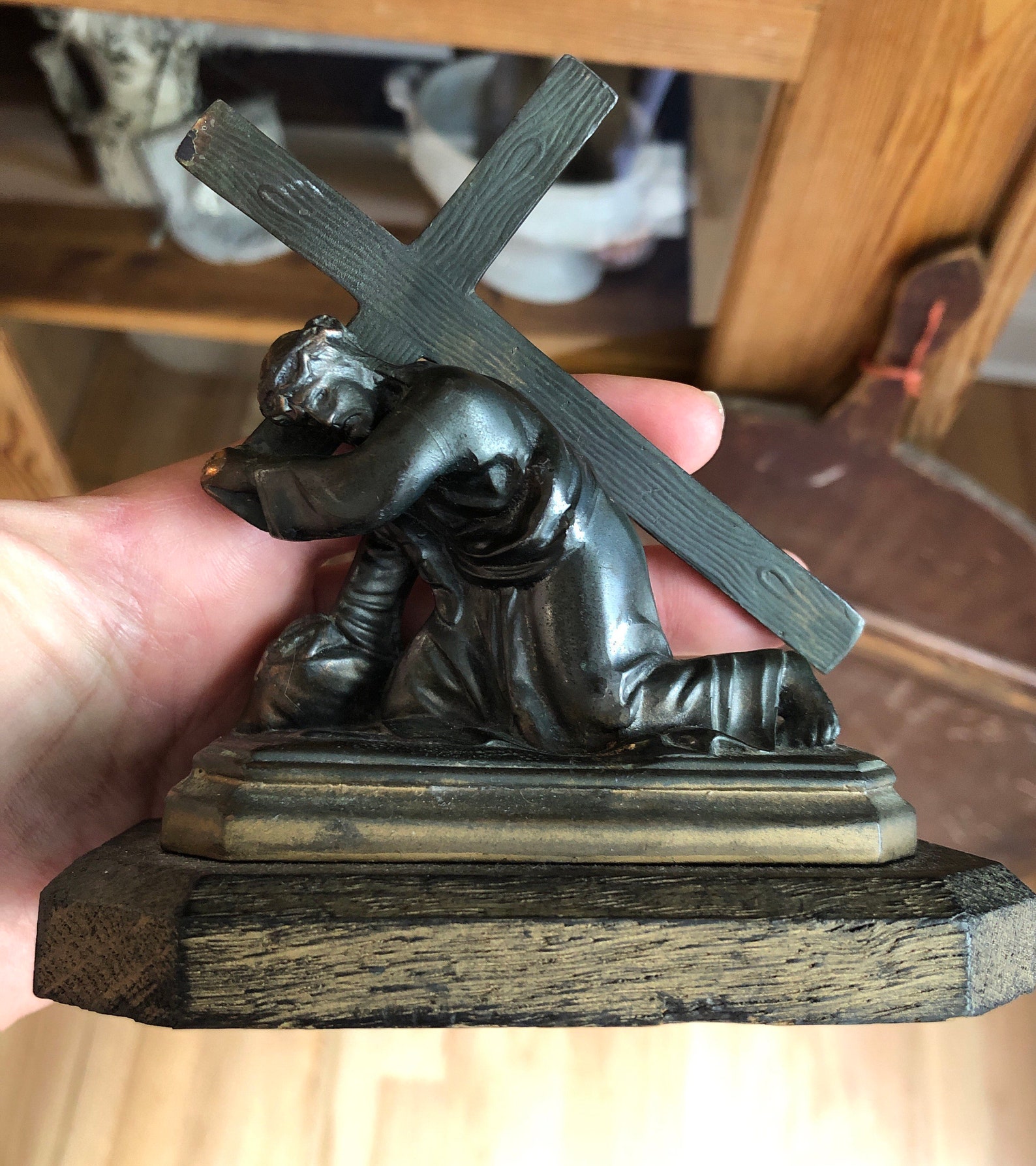 Antique Jesus Statue Catholic Sculpture Christ Carrying Cross Etsy