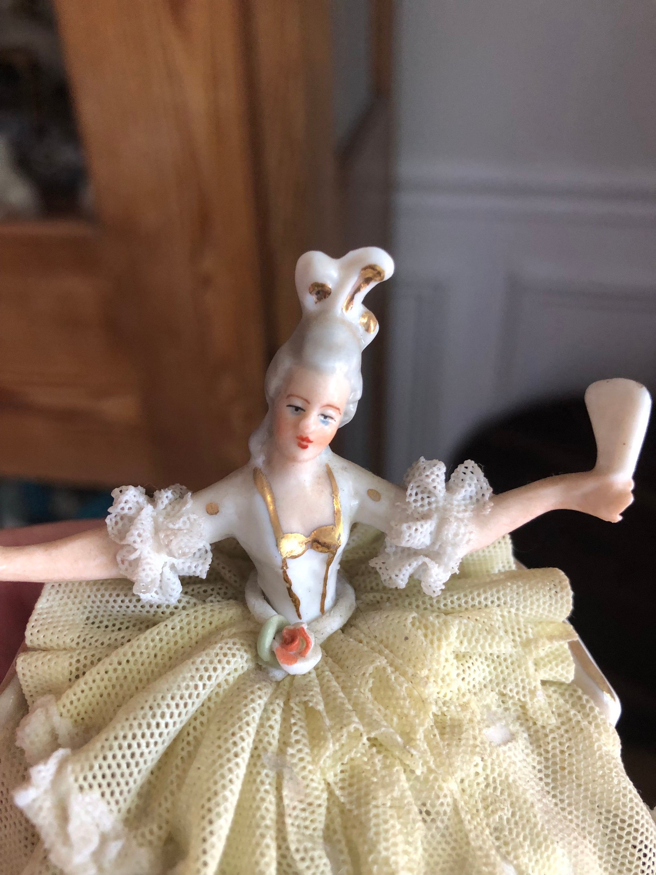 Antique Dresden Figurine Lace Lady in Chair Holds Fan Lace