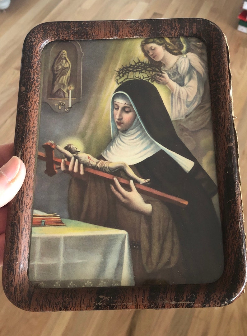 Pretty Antique Early 1900\u2019s Litho Print Saint Nun Thorn Crown Blood Tears Angel Framed Glass