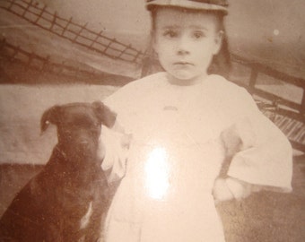 SUMMER SALE  Antique CDV Cabinet Card Photo Sweet Girl with Dog and Cat Antique Cat Photo Antique Dog Photo