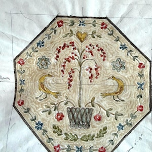 May include: An octagonal watercolor design featuring a central tree with red berries, a gold heart, and two yellow birds. The design is surrounded by floral and leaf motifs, with dimensions noted as 5'9" x 5'9" and 2'1" on sides.