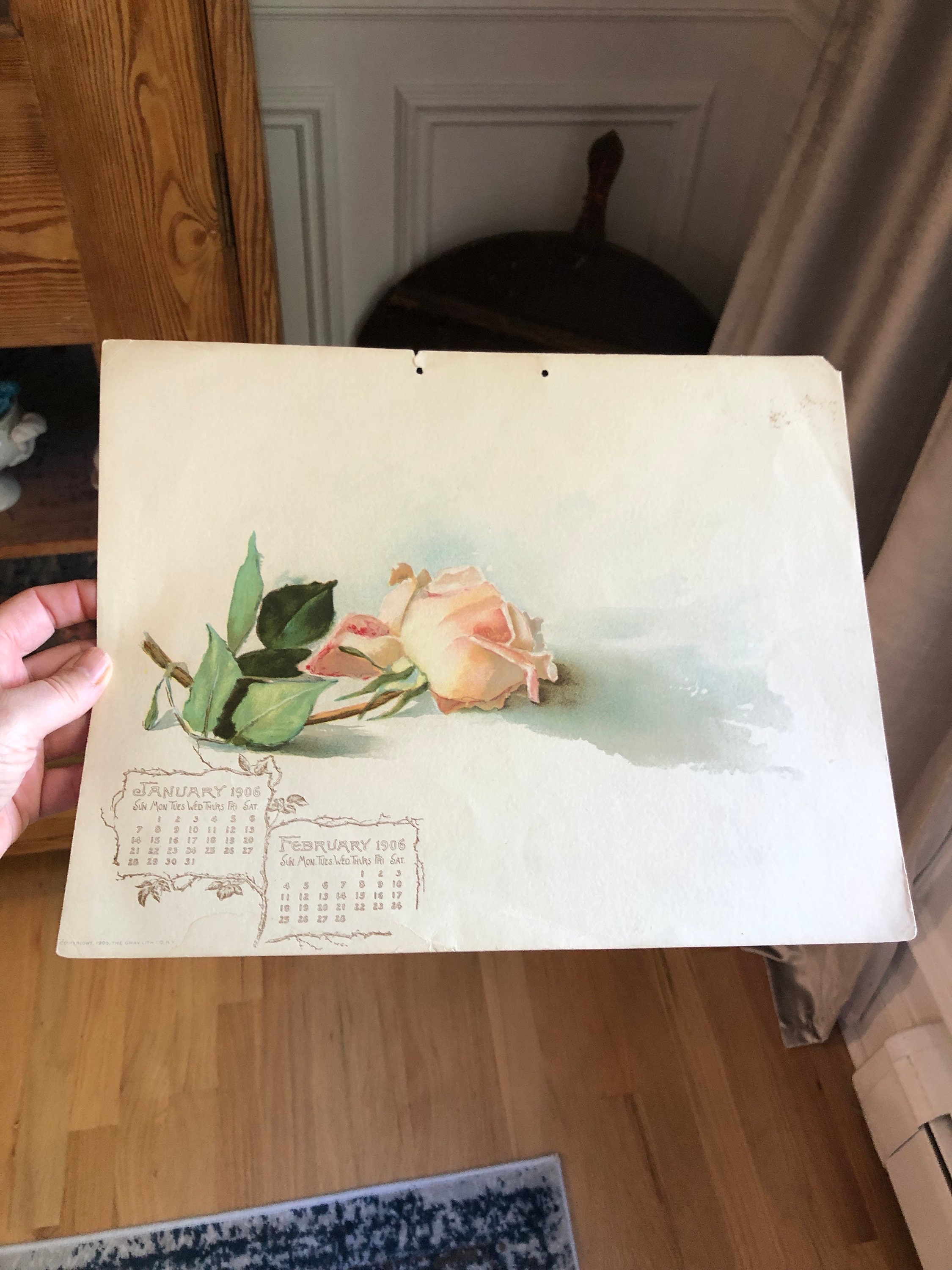 Antique 1908 Calendar Pages Stunning Roses Lithography Prints Birthday ...
