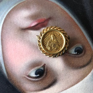 Antique Vintage French Gilt Pin Brooch Sacred Heart Jesus Crown of Thorns Gold Plated Religious Jewelry