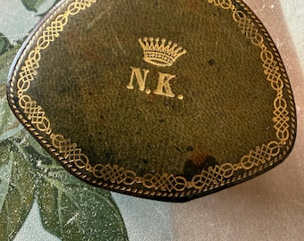 Antique Italy Leather Box Jewelry Box With Gilded Crown Dark Green Trinket Box Dresser Box
