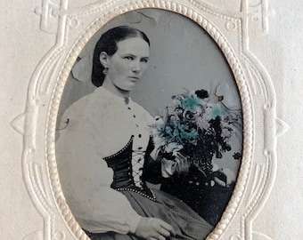 Antique Tintype Photo Beauty in Corset Gorgeous Hand Colored Flowers Bouquet