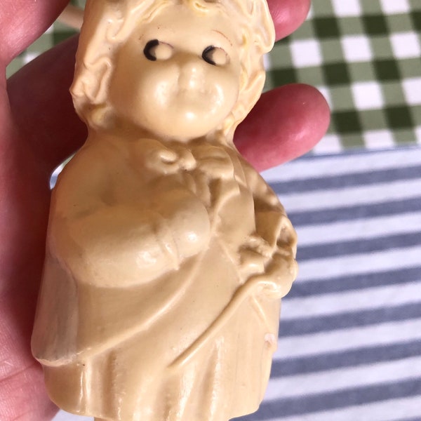 Antique Blown Celluloid Baby Rattle Larhe Side Eye Googly Eyed Girl With Bonnet